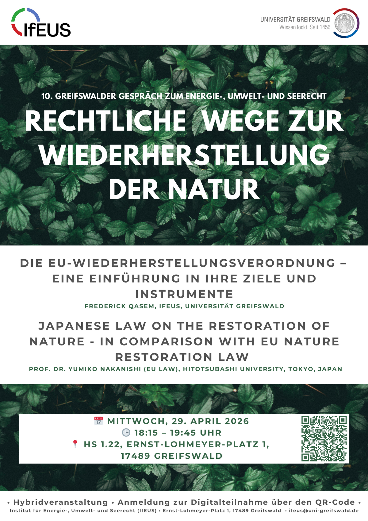 Ankündigung: 10. Greifswalder Gespräch "Rechtliche Wege zur Wiederherstellung der Natur", 29.4.2026, 18 Uhr c.t., Greifswald (hybrid)