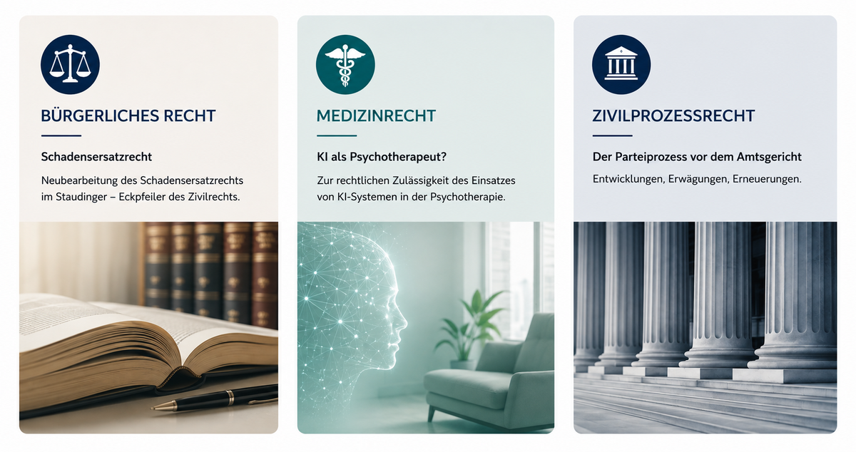 Bürgerliches Recht  Neubearbeitung des Schadensersatzrechts im Staudinger Eckpfeiler  Medizinrecht  KI als Psychotherapeut? Zur rechtlichen Zulässigkeit des Einsatzes von KI-Systemen in der Psychotherapie (Festschrift Sowada)  Zivilprozessrecht  Der Parteiprozess vor dem Amtsgericht. Entwicklungen, Erwägungen, Erneuerungen (Festschrift 150 Jahre ZPO)