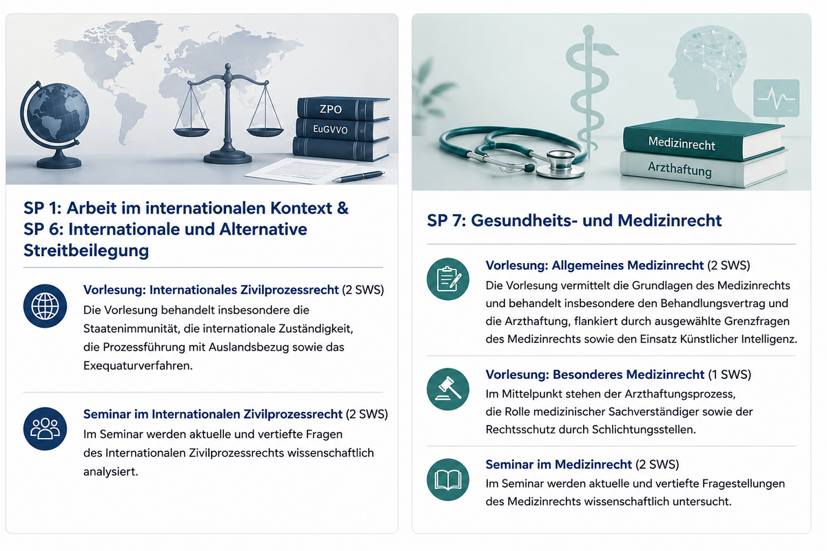 SP 1: Arbeit im internationalen Kontext & SP 6: Internationale und Alternative Streitbeilegung Vorlesung: Internationales Zivilprozessrecht (2 SWS) Die Vorlesung behandelt insbesondere die Staatenimmunität, die internationale Zuständigkeit, die Prozessführung mit Auslandsbezug sowie das Exequaturverfahren. Seminar im Internationalen Zivilprozessrecht (2 SWS) Im Seminar werden aktuelle und vertiefte Fragen des Internationalen Zivilprozessrechts wissenschaftlich analysiert. SP 7: Gesundheits- und Medizinrecht Vorlesung: Allgemeines Medizinrecht (2 SWS) Die Vorlesung vermittelt die Grundlagen des Medizinrechts und behandelt insbesondere den Behandlungsvertrag und die Arzthaftung, flankiert durch ausgewählte Grenzfragen des Medizinrechts sowie den Einsatz Künstlicher Intelligenz. Vorlesung: Besonderes Medizinrecht (1 SWS) Im Mittelpunkt stehen der Arzthaftungsprozess, die Rolle medizinischer Sachverständiger sowie der Rechtsschutz durch Schlichtungsstellen. Seminar im Medizinrecht (2 SWS) Im Seminar werden aktuelle und vertiefte Fragestellungen des Medizinrechts wissenschaftlich untersucht.